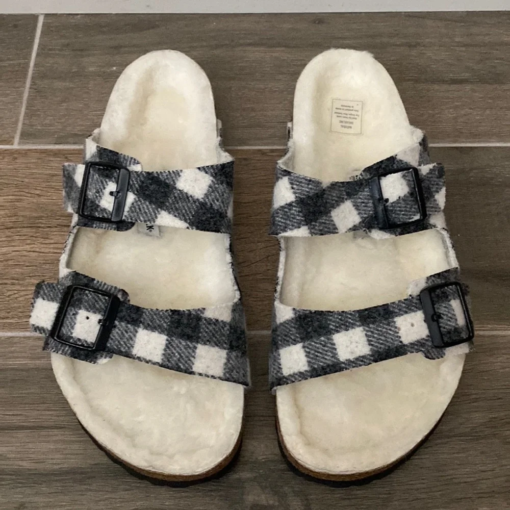 NEW Birkenstock Arizona Shearling Plaid Wool Slide Sandal Size 45 / 12